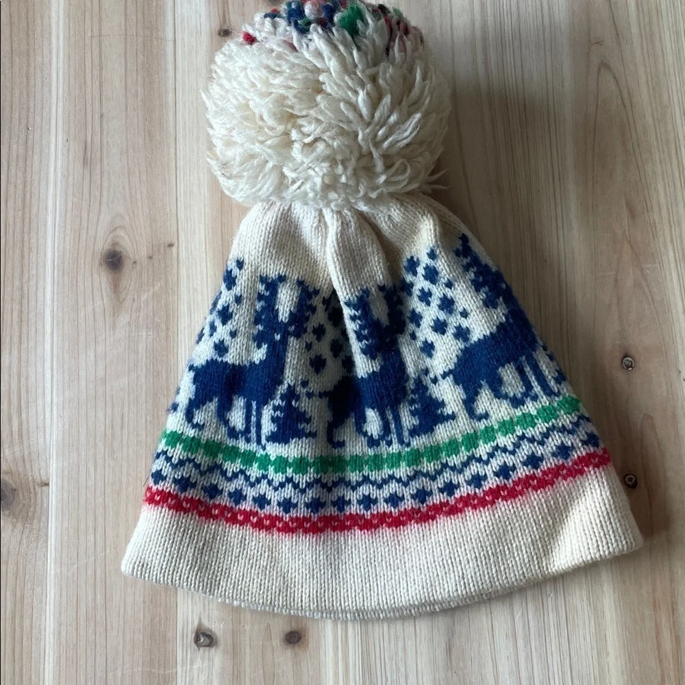 Andres Vintage Kids Hand Knit Pure Wool Nordic Knit Reindeer Winter Hat